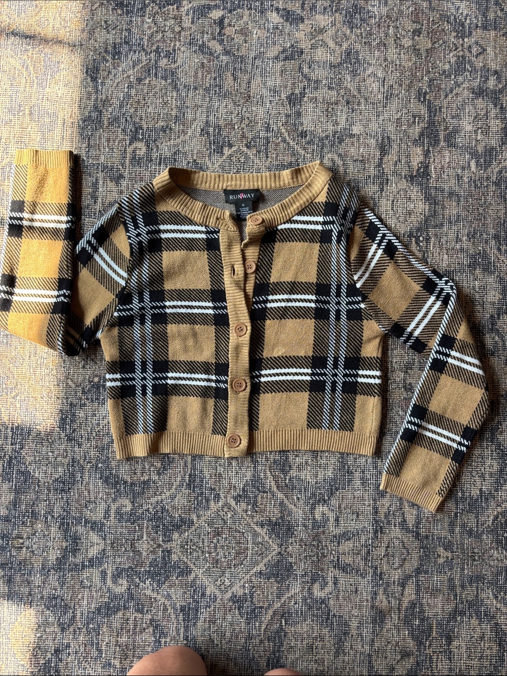 Plaid Cropped Button-Front Cardigan - tan/black/white
